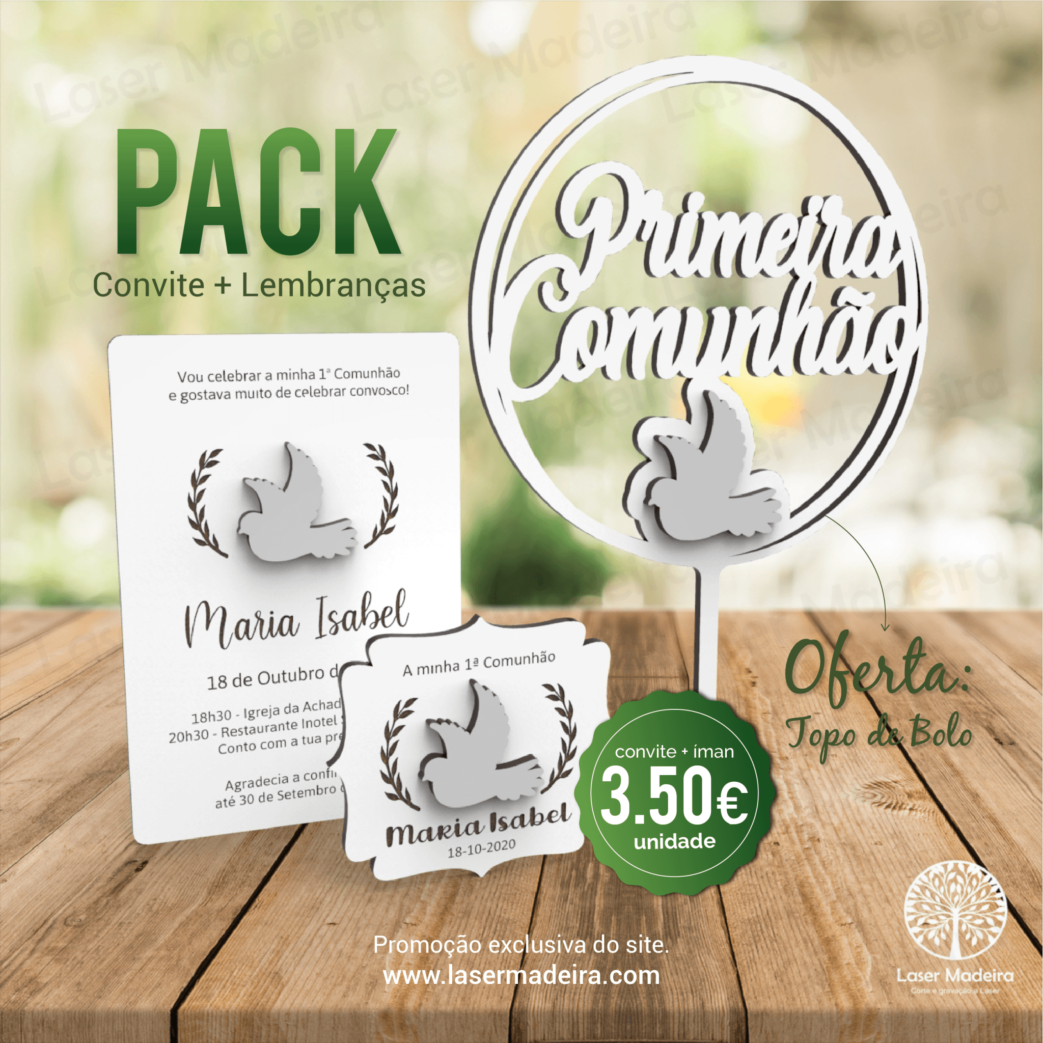 Convite Batismo / Primeira Comunhão / Profissão de Fé / Crisma e Lembrança íman com aplique Pomba - PACK - Laser Madeira